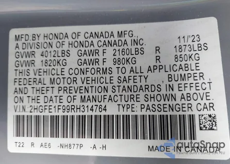 2024 Honda Civic Touring from USA, damaged, VIN 2HGFE1F99RH314764
